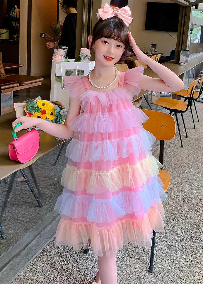 Boutique Pink Square Collar Layered Ruffled Tulle Kids Girls Beach Dresses Summer - Image 3