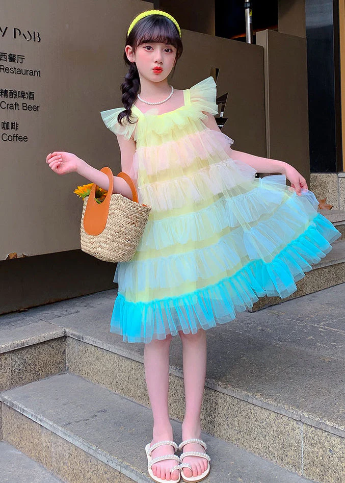 Boutique Pink Square Collar Layered Ruffled Tulle Kids Girls Beach Dresses Summer - Image 4