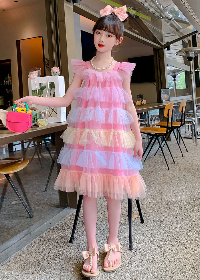 Boutique Pink Square Collar Layered Ruffled Tulle Kids Girls Beach Dresses Summer - Image 5