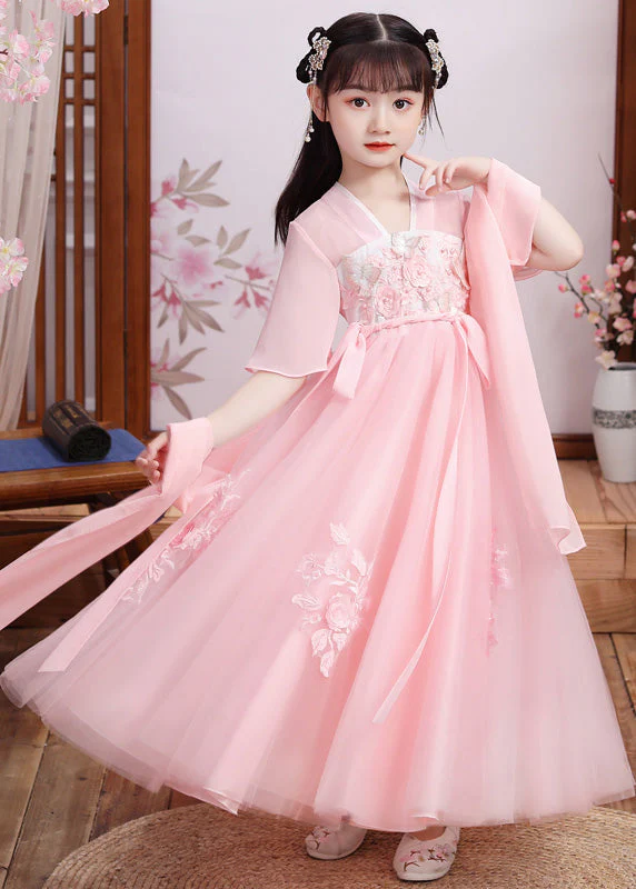 Boutique Pink V Neck Layered Patchwork Tulle Girls Maxi Dress Short Sleeve - Image 2