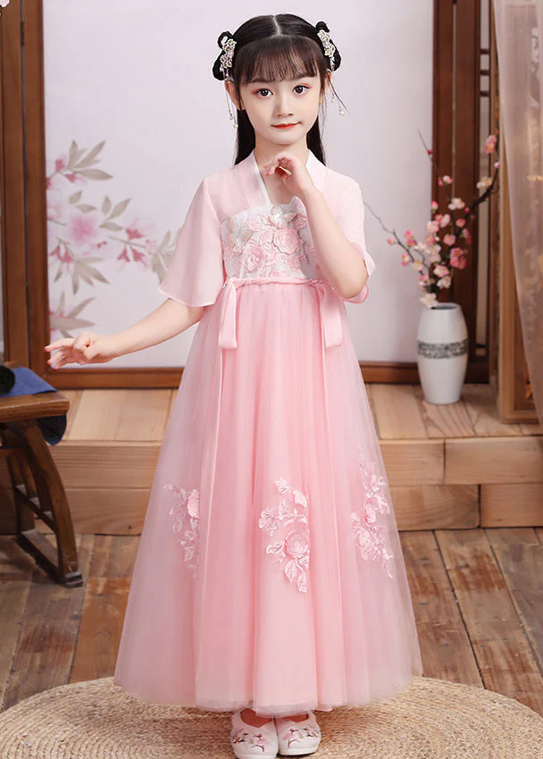 Boutique Pink V Neck Layered Patchwork Tulle Girls Maxi Dress Short Sleeve - Image 3