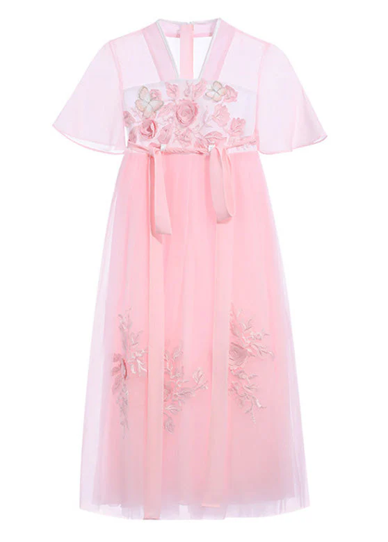 Boutique Pink V Neck Layered Patchwork Tulle Girls Maxi Dress Short Sleeve - Image 5