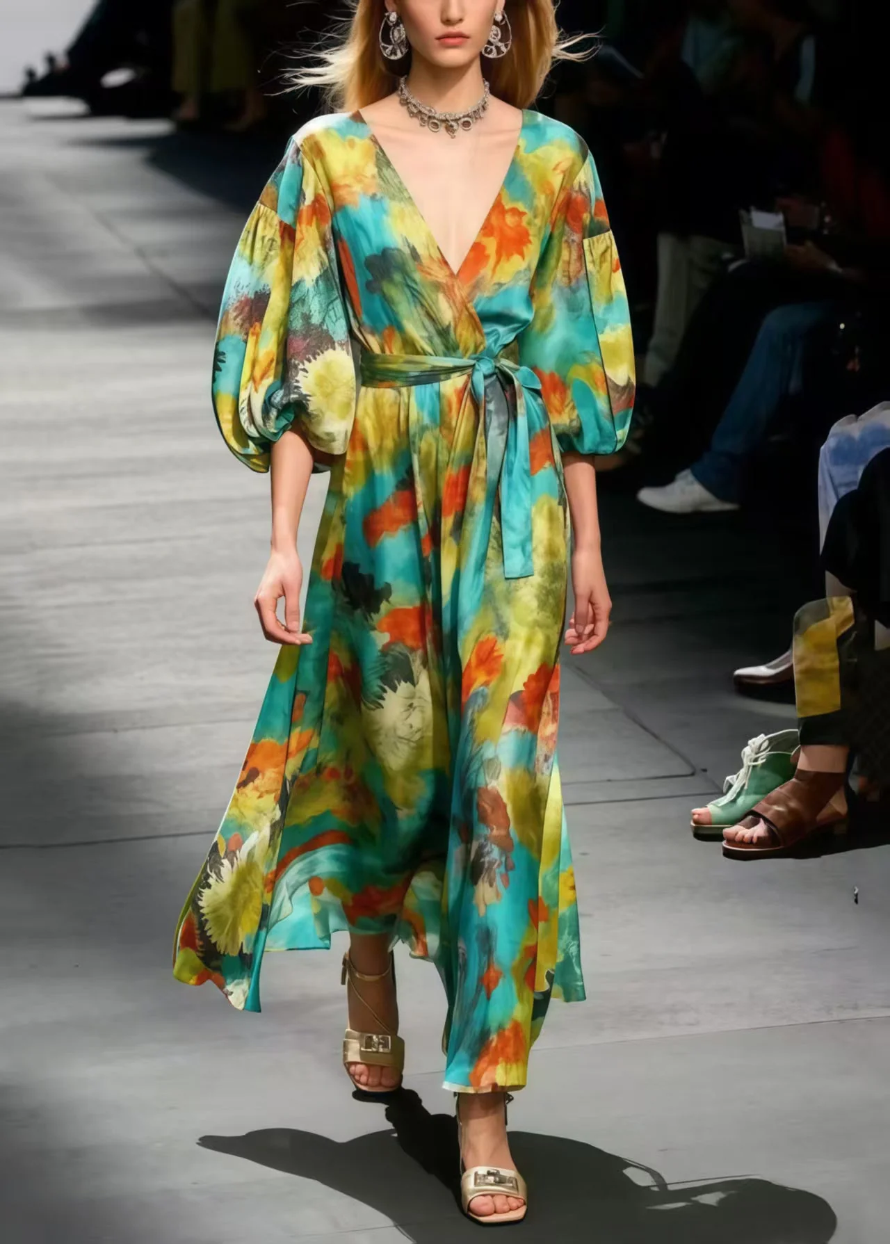 Boutique Polychrome Print Chiffon Dress Lantern Sleeve