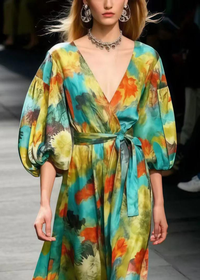 Boutique Polychrome Print Chiffon Dress Lantern Sleeve - Image 2