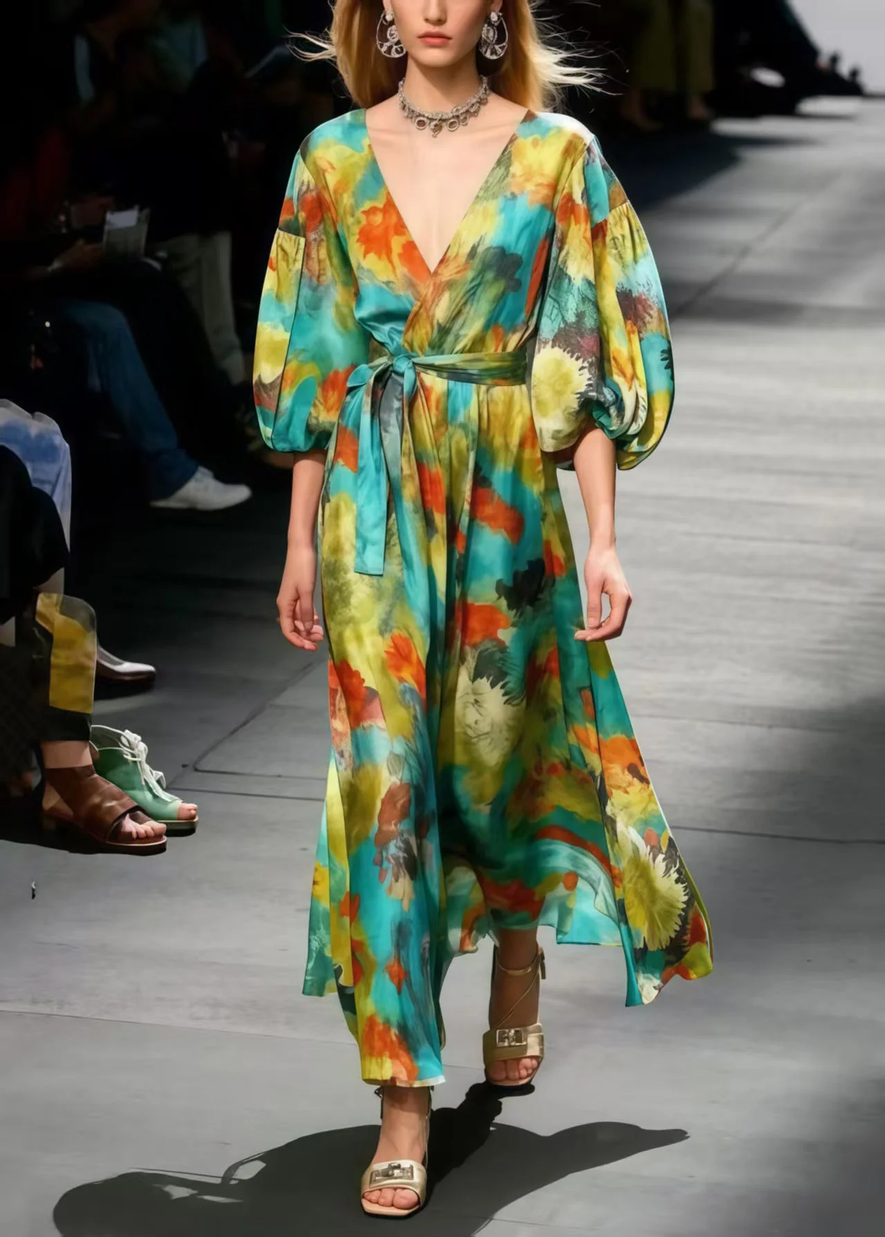 Boutique Polychrome Print Chiffon Dress Lantern Sleeve - Image 3