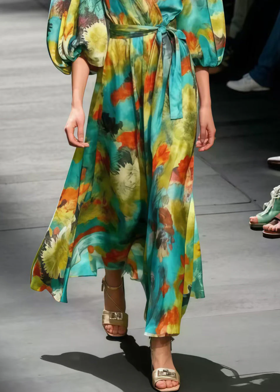 Boutique Polychrome Print Chiffon Dress Lantern Sleeve - Image 4