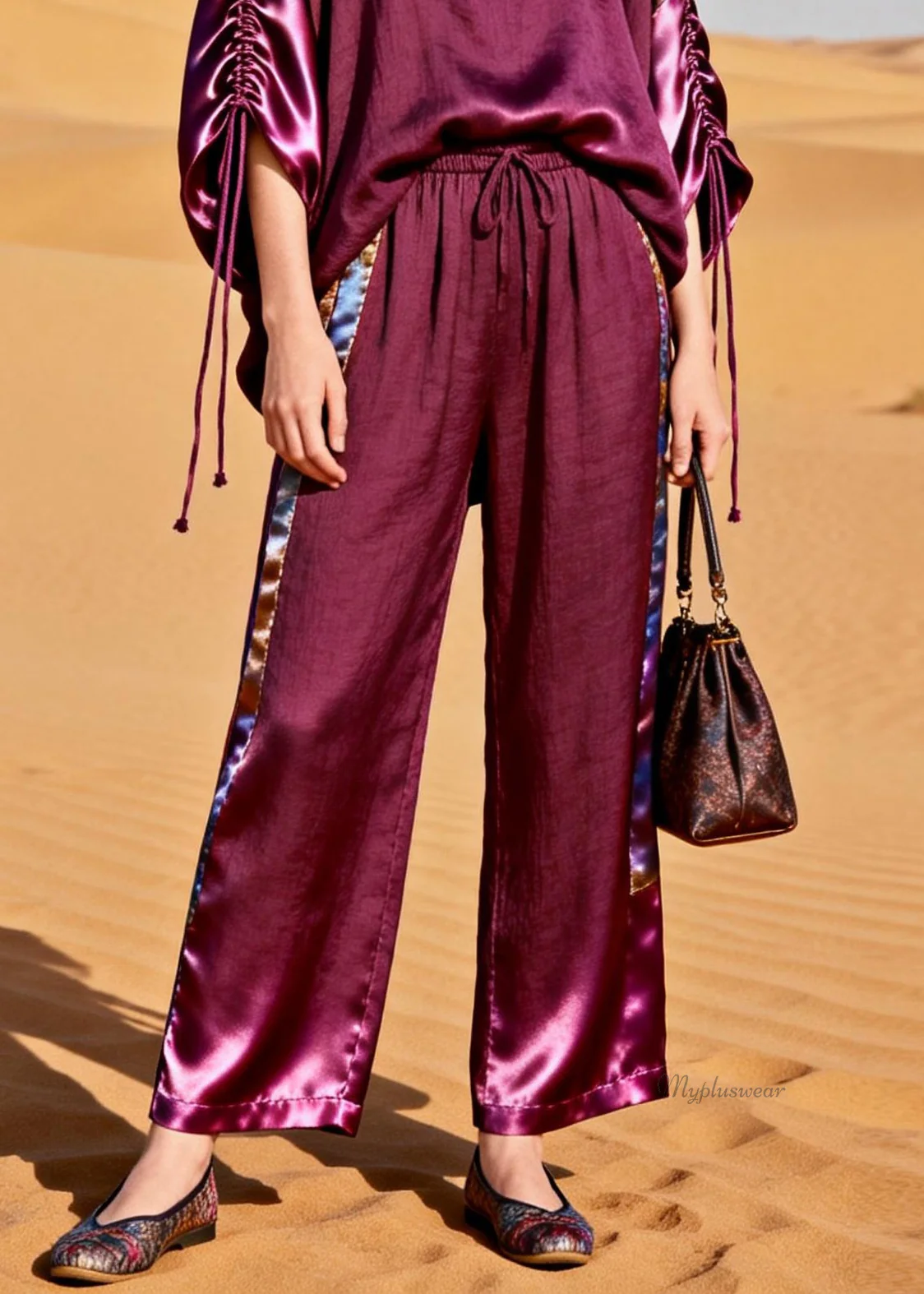 Boutique Purple Drawstring Elastic Waist Silk Patchwork Two Piece Set - Image 4