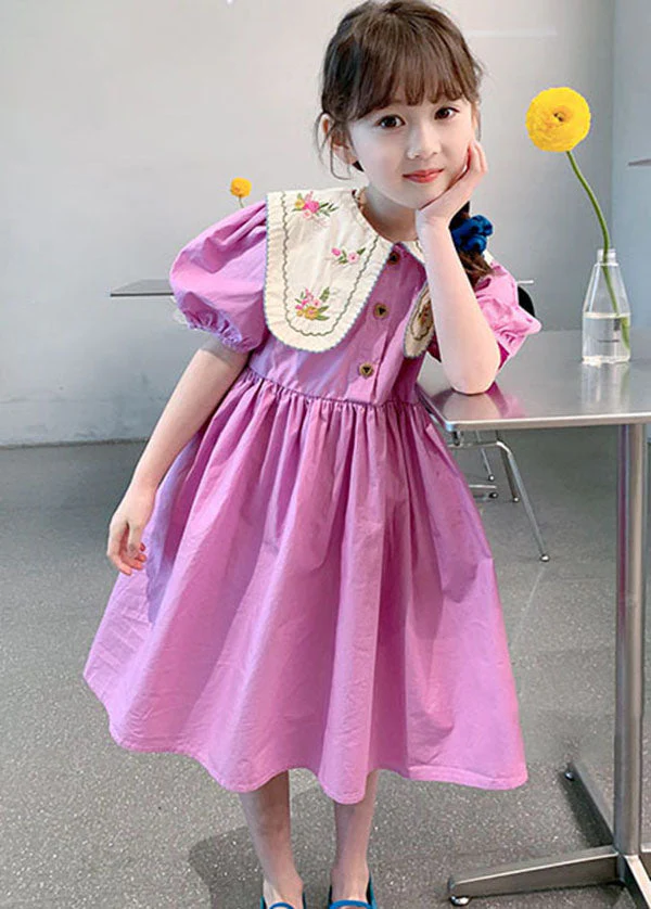 Boutique Purple Embroideried Patchwork Cotton Kids Girls Dress Summer - Image 3