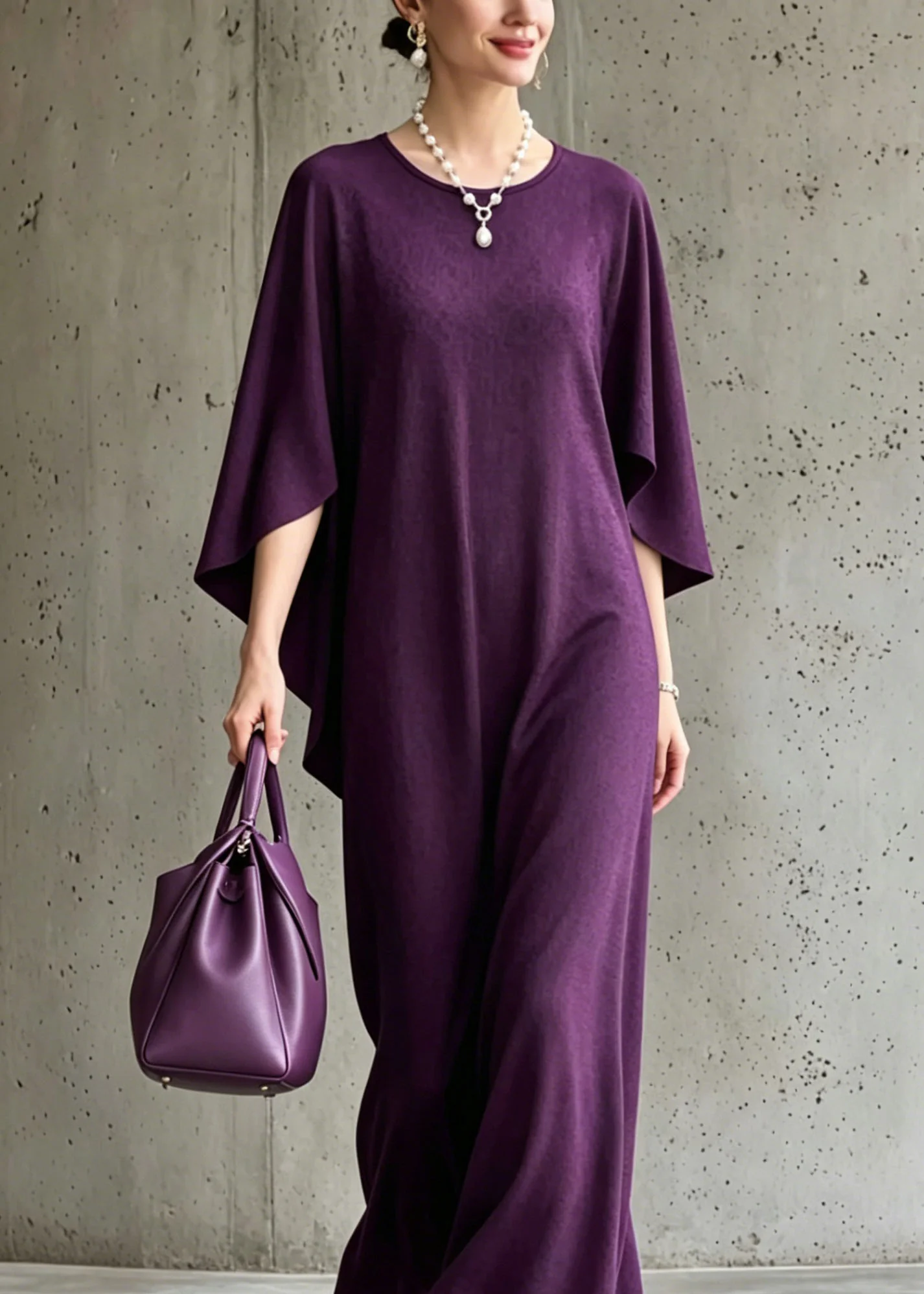Boutique Purple O Neck Cotton Long Dress Summer - Image 3