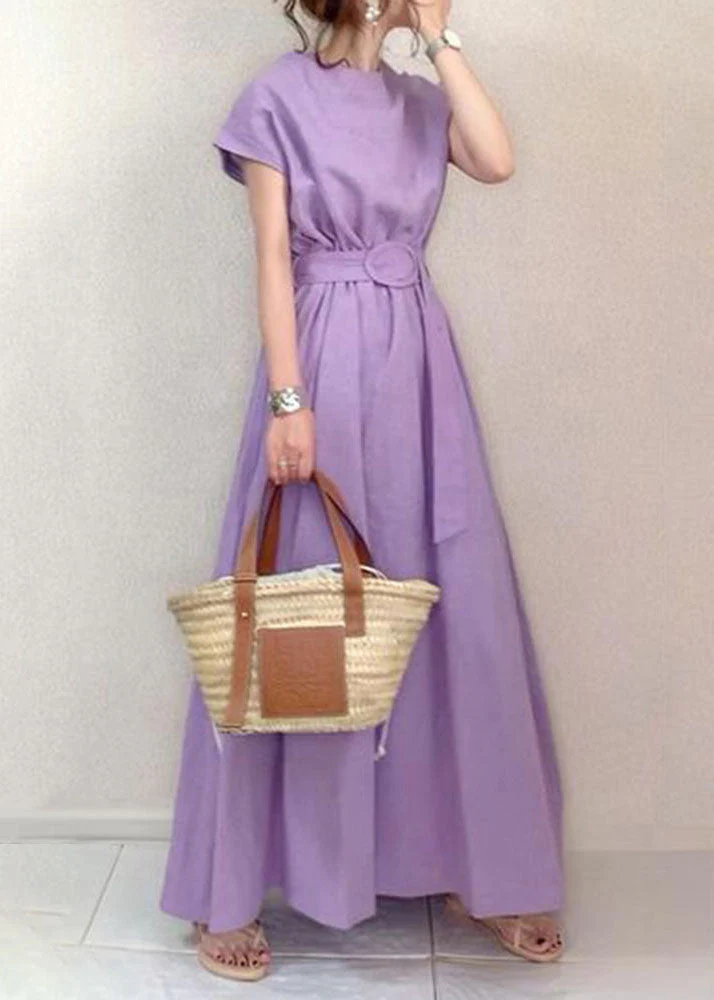 Boutique Purple O-Neck Exra Large Hem Cotton Long Cinched Dress Short Sleeve - Image 3