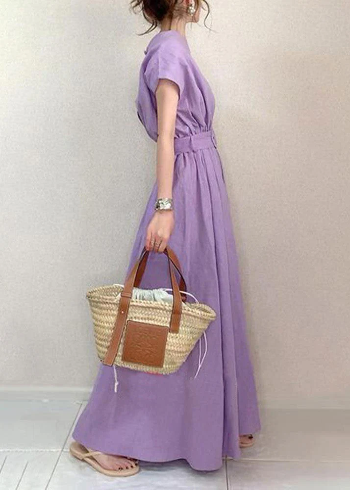 Boutique Purple O-Neck Exra Large Hem Cotton Long Cinched Dress Short Sleeve - Image 4
