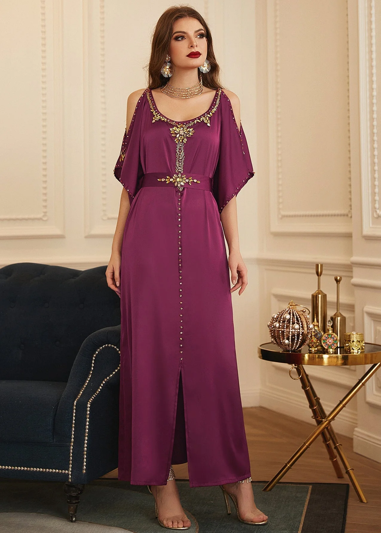 Boutique Purple O-Neck Patchwork Cold Shoulder Slim Silk Holiday Long Dress Summer - Image 3