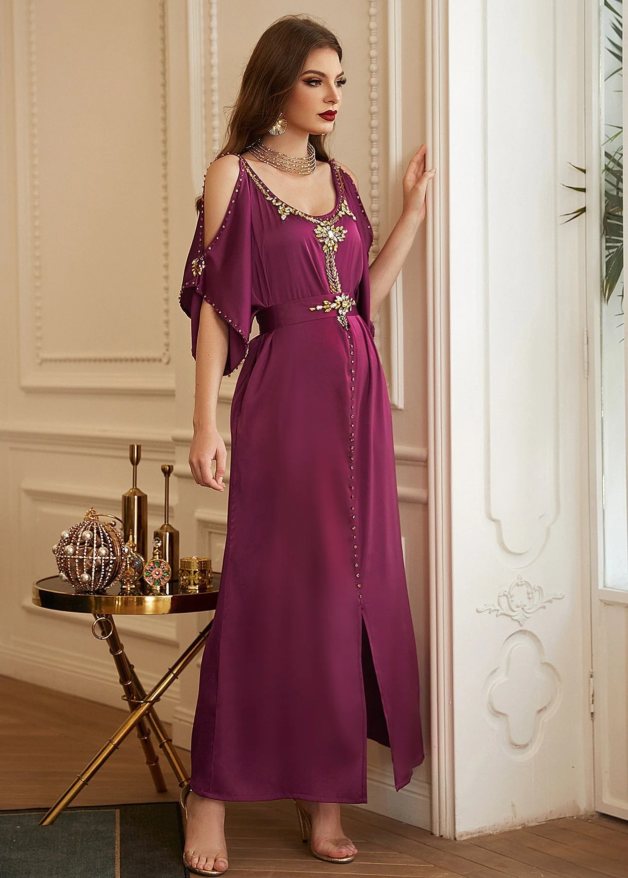 Boutique Purple O-Neck Patchwork Cold Shoulder Slim Silk Holiday Long Dress Summer - Image 4