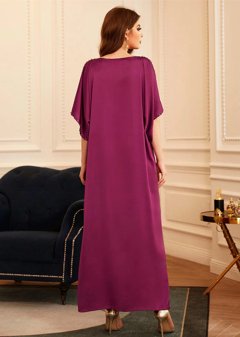Boutique Purple O-Neck Patchwork Cold Shoulder Slim Silk Holiday Long Dress Summer - Image 5