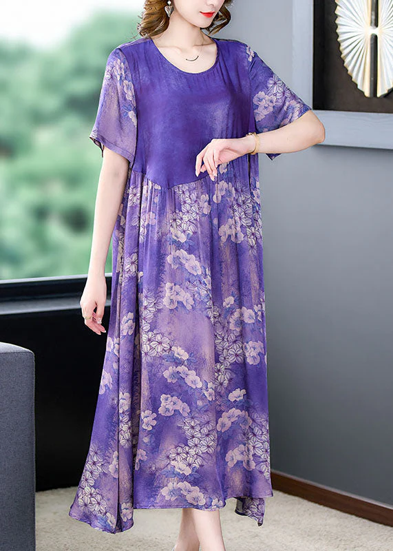 Boutique Purple O Neck Print Wrinkled Patchwork Silk Dress Summer - Image 3