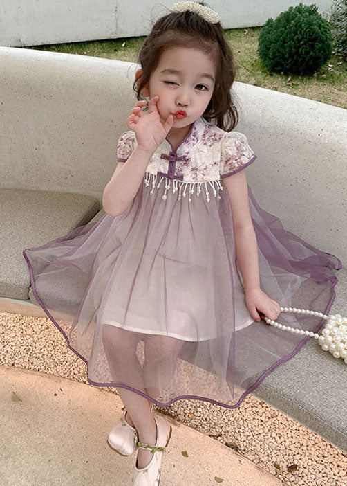Boutique Purple Tasseled Bow Patchwork Tulle Kids Girls Dress Summer - Image 3