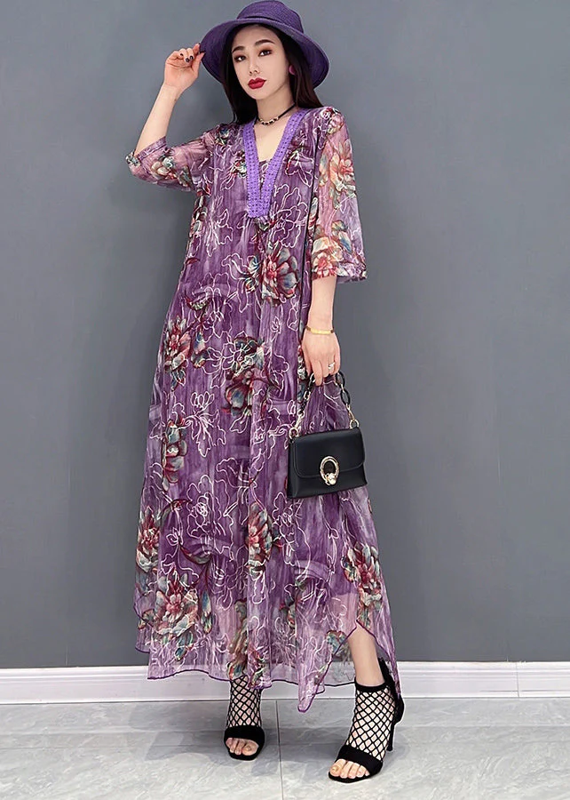Boutique Purple V Neck Embroideried Hollow Out Tulle Maxi Dresses Half Sleeve - Image 2