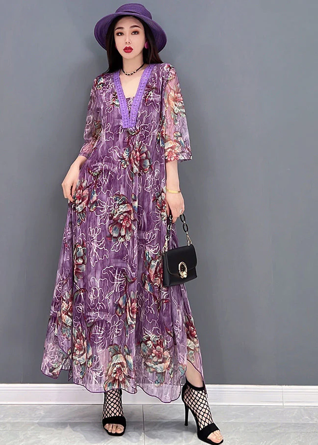 Boutique Purple V Neck Embroideried Hollow Out Tulle Maxi Dresses Half Sleeve - Image 3