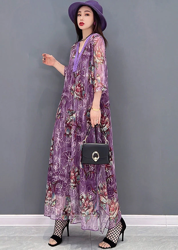 Boutique Purple V Neck Embroideried Hollow Out Tulle Maxi Dresses Half Sleeve - Image 4