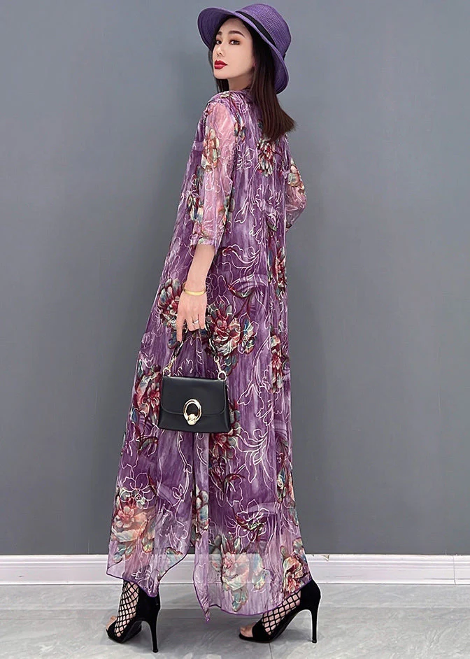 Boutique Purple V Neck Embroideried Hollow Out Tulle Maxi Dresses Half Sleeve - Image 5