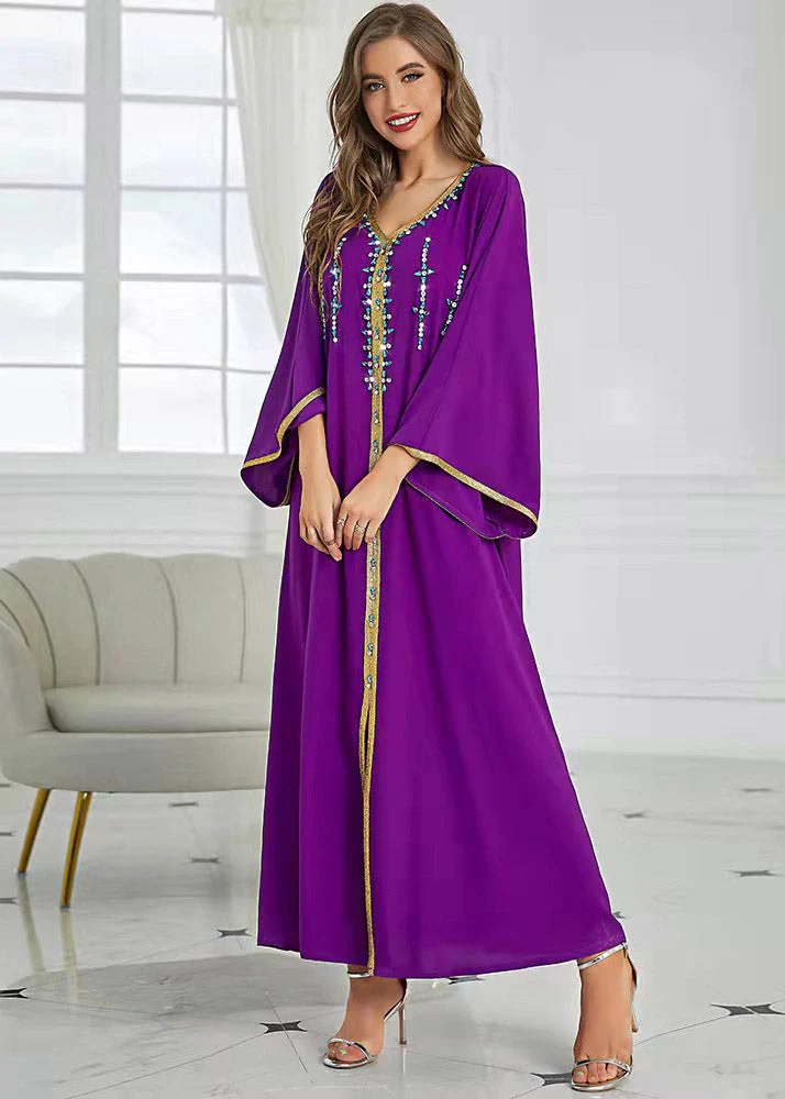 Boutique Purple V Neck Patchwork Zircon Tie Waist Button Maxi Dresses Fall - Image 3