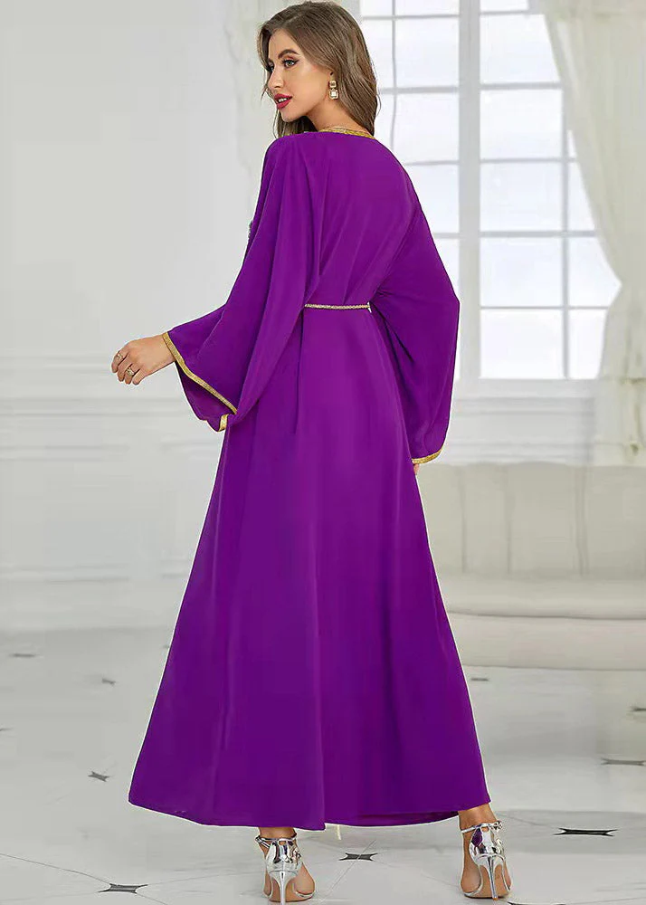 Boutique Purple V Neck Patchwork Zircon Tie Waist Button Maxi Dresses Fall - Image 5