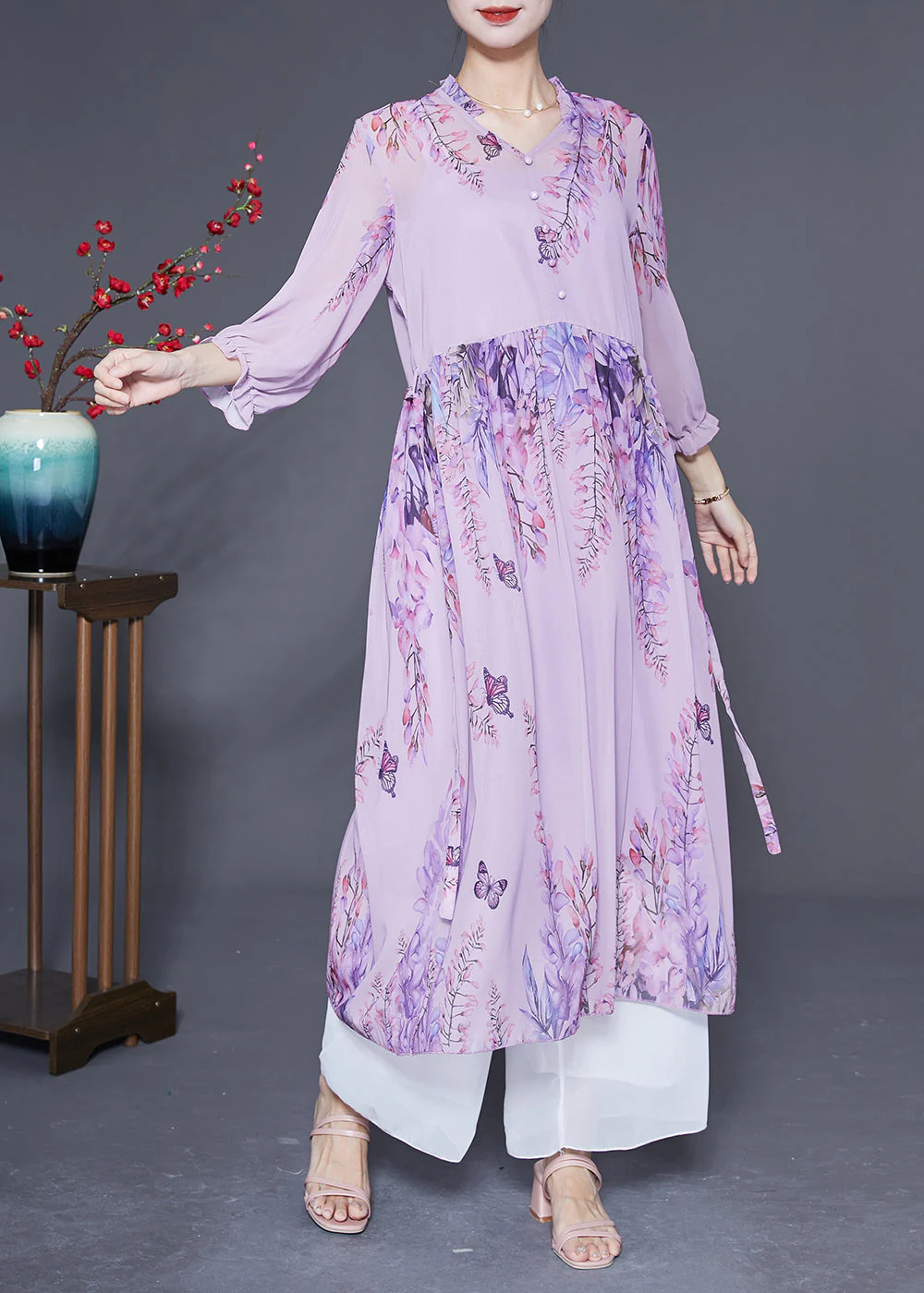 Boutique Purple V Neck Ruffled Tie Waist Chiffon Vacation Dresses Summer - Image 2