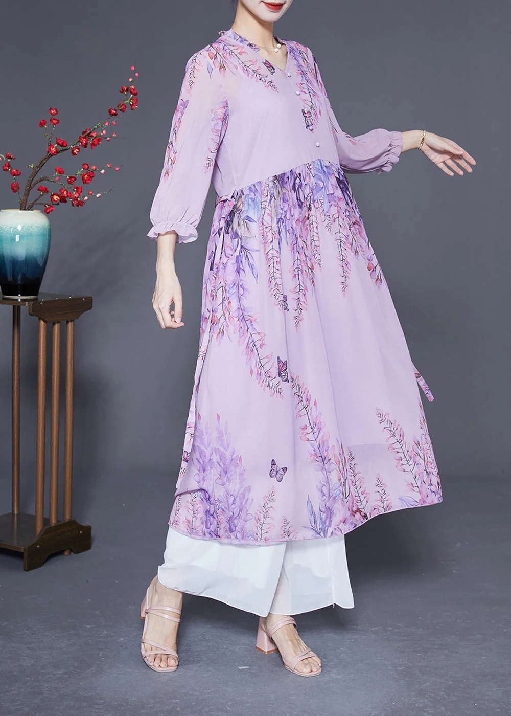 Boutique Purple V Neck Ruffled Tie Waist Chiffon Vacation Dresses Summer - Image 3