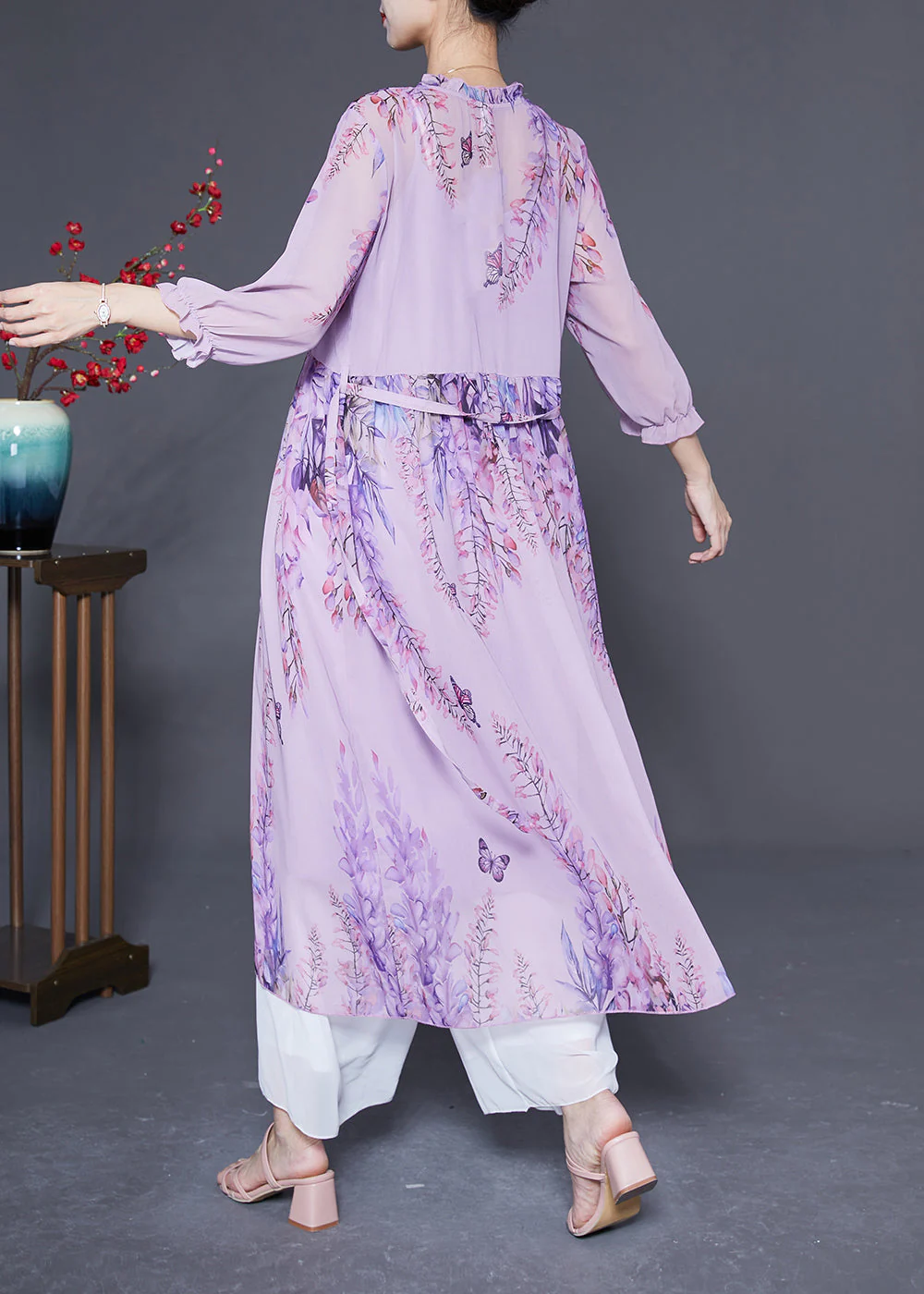 Boutique Purple V Neck Ruffled Tie Waist Chiffon Vacation Dresses Summer - Image 4