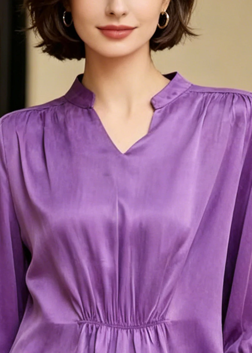 Boutique Purple V Neck Wrinkled Silk Shirts Half Sleeve - Image 2
