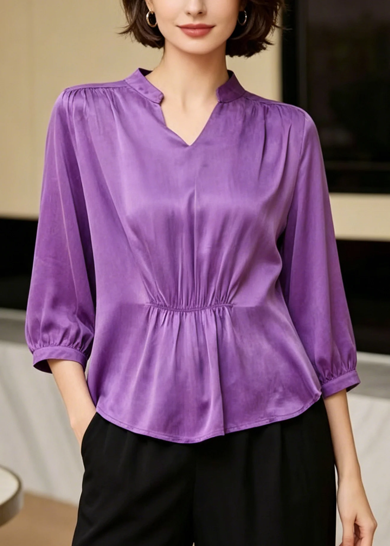 Boutique Purple V Neck Wrinkled Silk Shirts Half Sleeve - Image 3