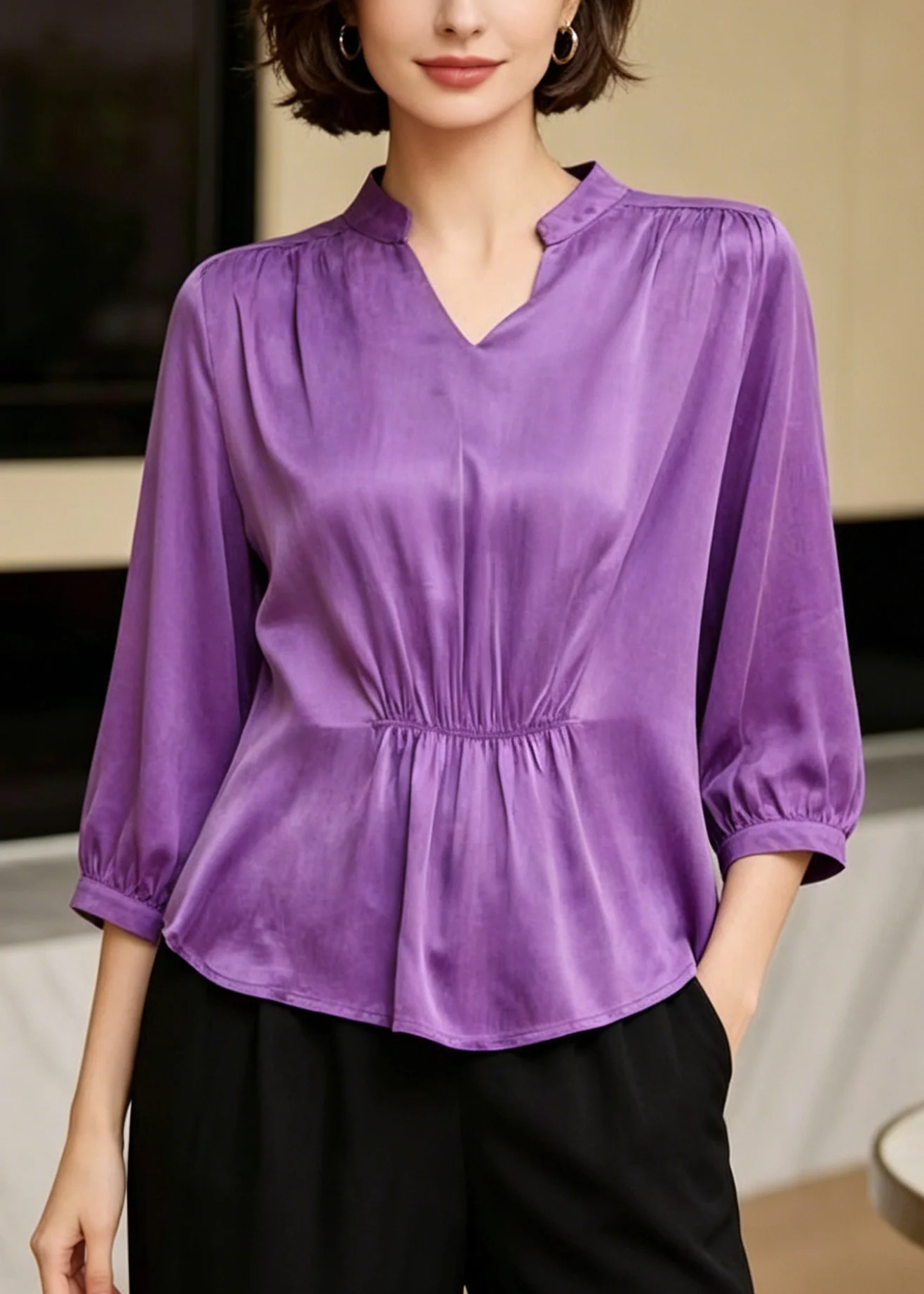 Boutique Purple V Neck Wrinkled Silk Shirts Half Sleeve - Image 5