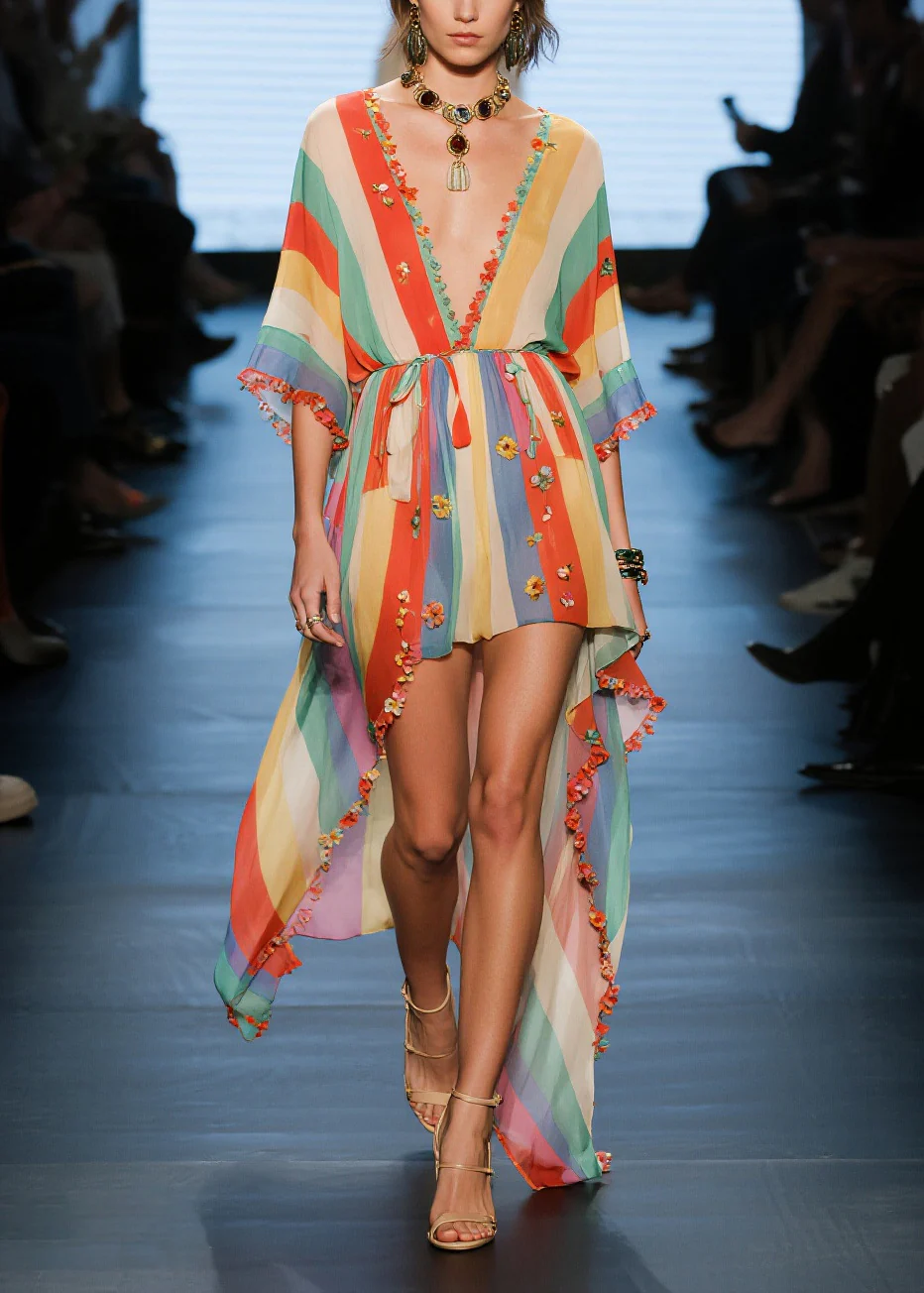 Boutique Rainbow Asymmetrical Floral Chiffon Holiday Dress Summer - Image 3