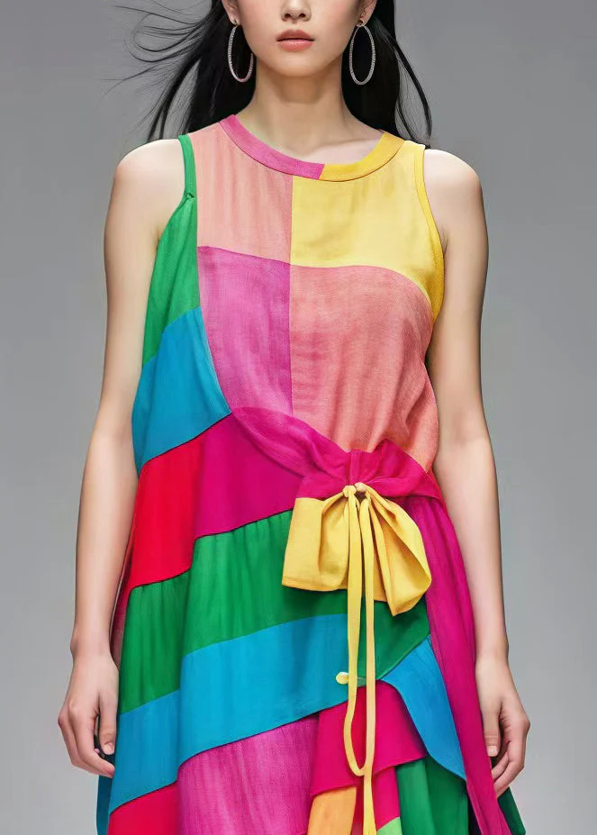 Boutique Rainbow Asymmetrical Patchwork Cotton Dress Summer - Image 3