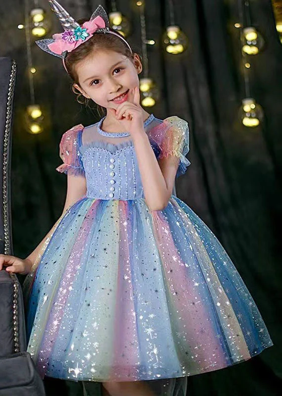 Boutique Rainbow Puff Sleeve Sequins Patchwork Tulle Baby Girls Dress Summer - Image 2