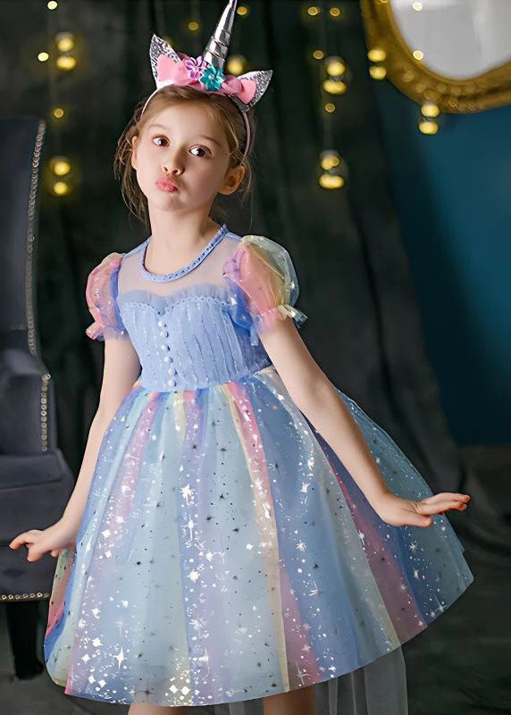 Boutique Rainbow Puff Sleeve Sequins Patchwork Tulle Baby Girls Dress Summer - Image 3