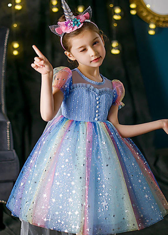 Boutique Rainbow Puff Sleeve Sequins Patchwork Tulle Baby Girls Dress Summer - Image 4