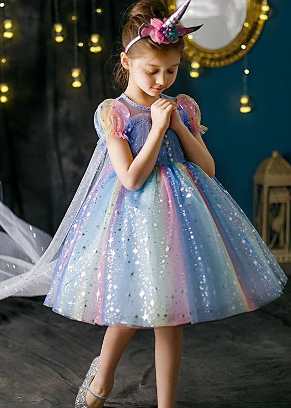 Boutique Rainbow Puff Sleeve Sequins Patchwork Tulle Baby Girls Dress Summer - Image 5