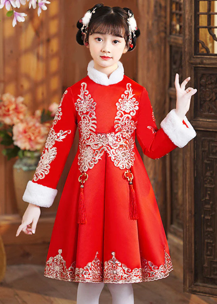 Boutique Red Fur Collar Embroideried Girls Shawl And Dress Two Piece Set Winter - Image 2