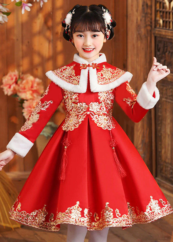 Boutique Red Fur Collar Embroideried Girls Shawl And Dress Two Piece Set Winter - Image 3