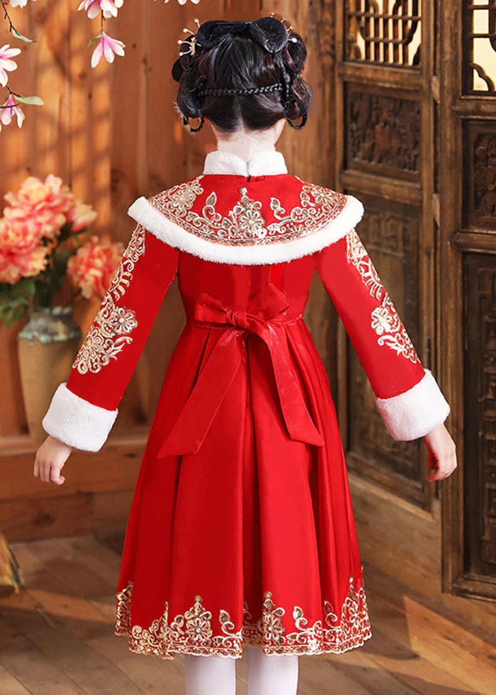 Boutique Red Fur Collar Embroideried Girls Shawl And Dress Two Piece Set Winter - Image 4