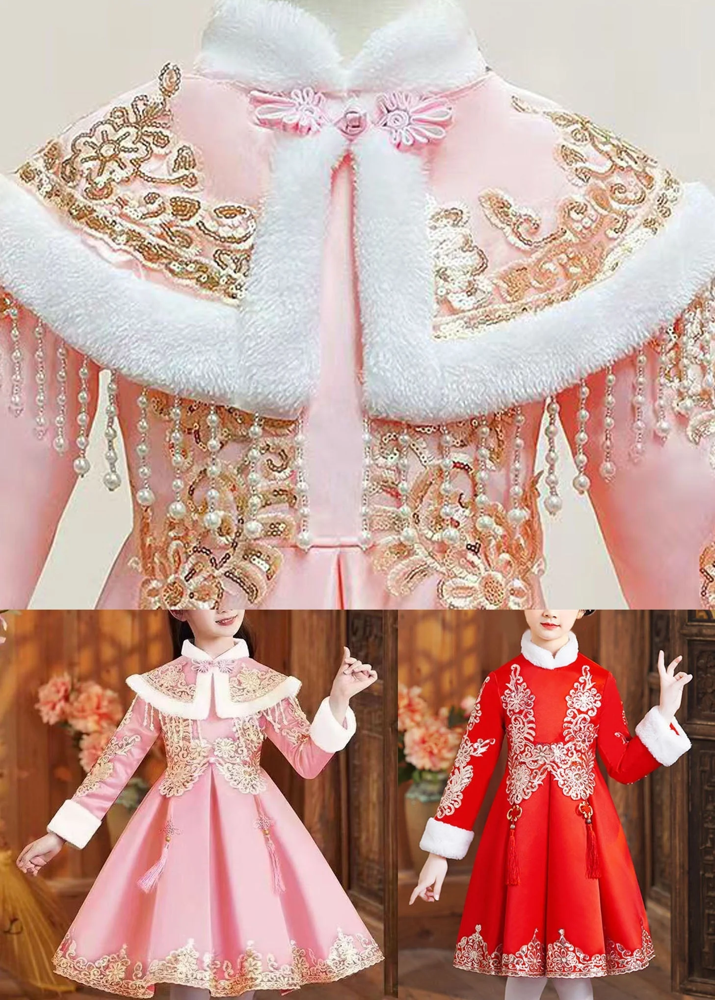 Boutique Red Fur Collar Embroideried Girls Shawl And Dress Two Piece Set Winter - Image 5