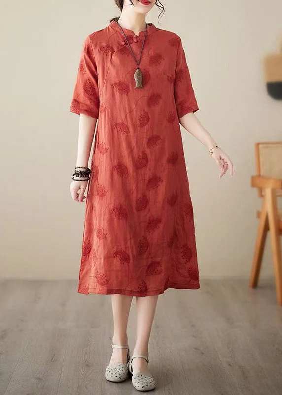 Boutique Red Mandarin Collar Embroidered Oriental Dress Summer - Image 2