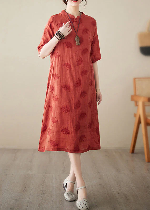 Boutique Red Mandarin Collar Embroidered Oriental Dress Summer - Image 3