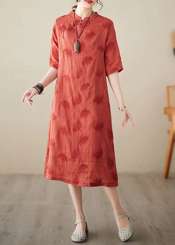 Boutique Red Mandarin Collar Embroidered Oriental Dress Summer - Image 5