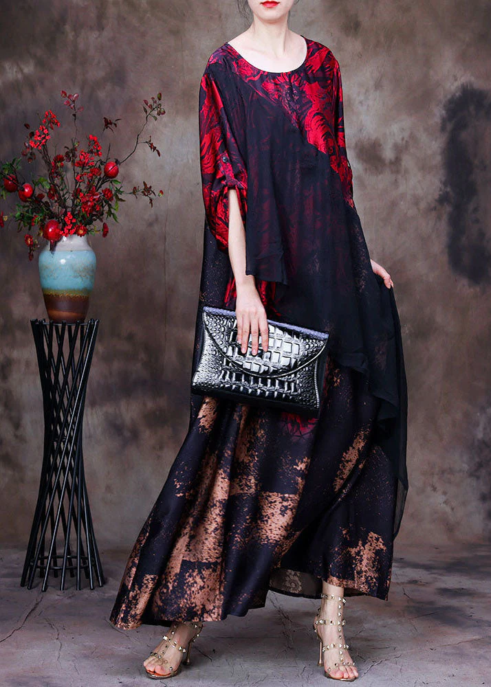 Boutique Red O-Neck Asymmetrical Design Patchwork Silk Long Dress Long Sleeve - Image 2