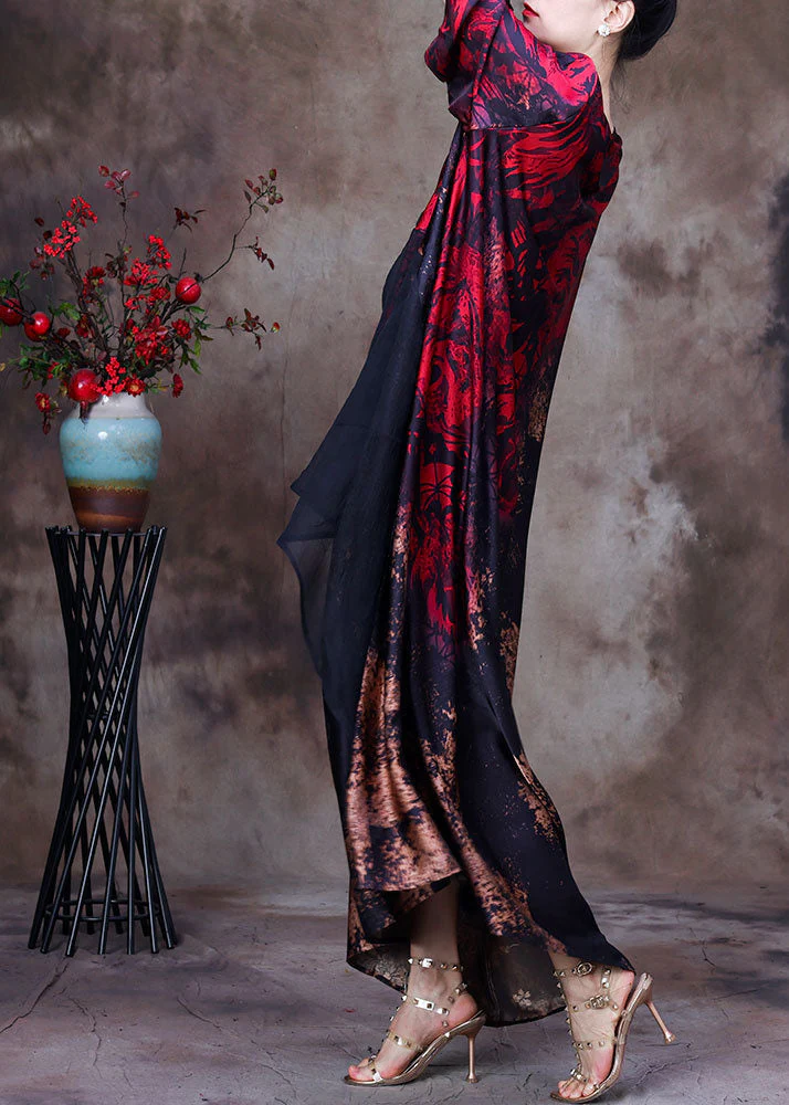 Boutique Red O-Neck Asymmetrical Design Patchwork Silk Long Dress Long Sleeve - Image 3