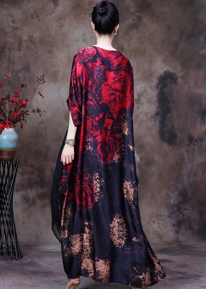 Boutique Red O-Neck Asymmetrical Design Patchwork Silk Long Dress Long Sleeve - Image 4