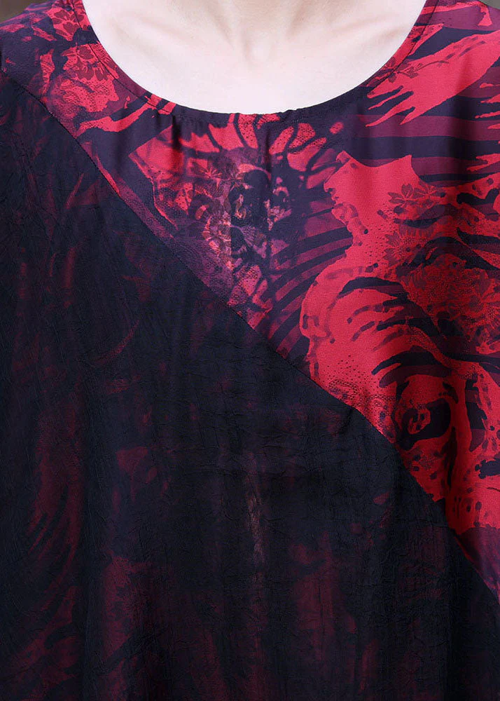 Boutique Red O-Neck Asymmetrical Design Patchwork Silk Long Dress Long Sleeve - Image 5