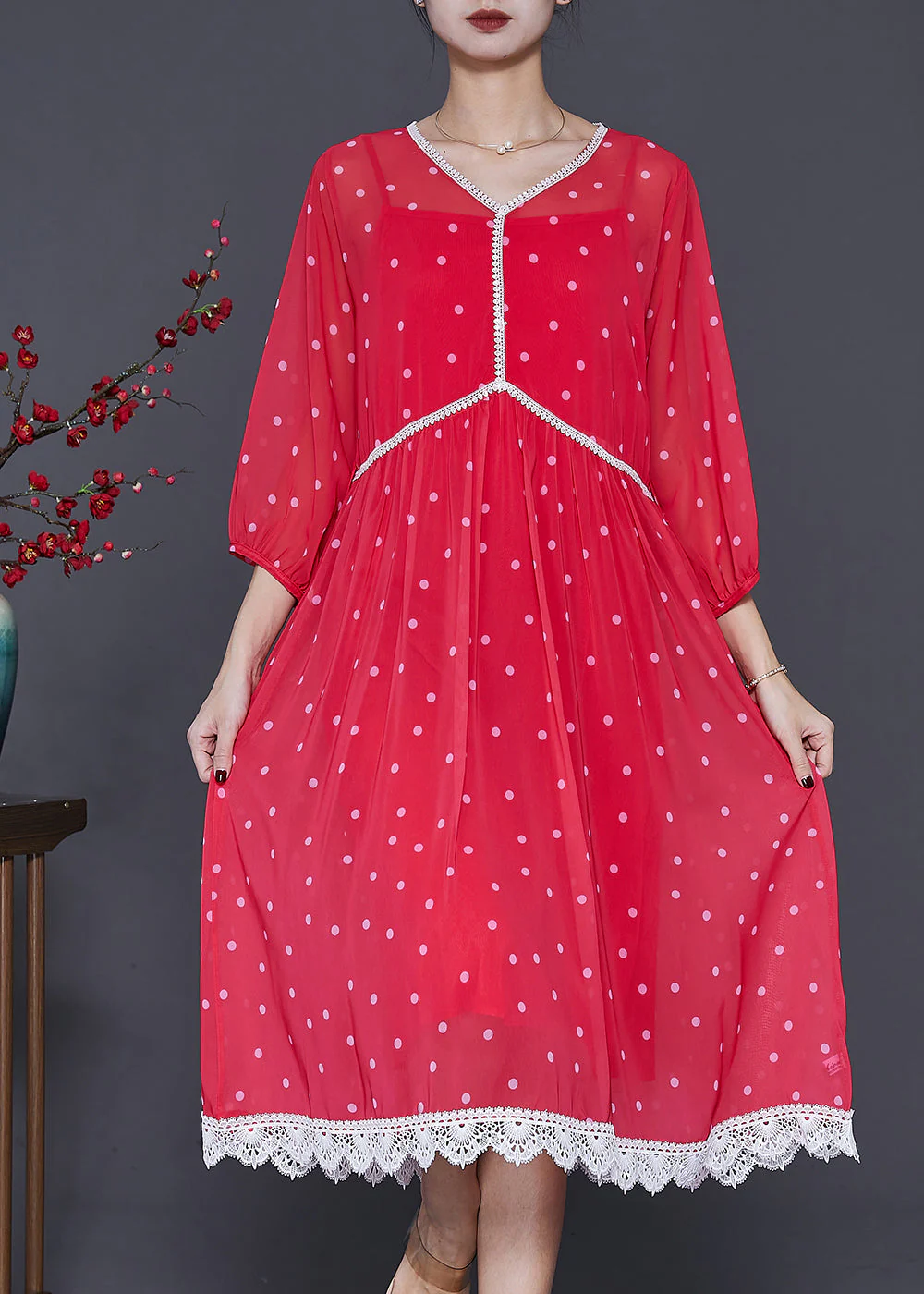 Boutique Red Oversized Patchwork Chiffon Beach Dress Bracelet Sleeve - Image 2
